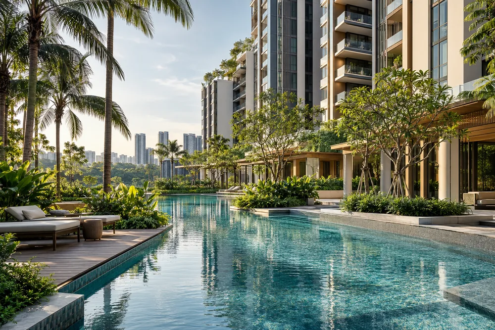 Condominium towers beside a landscaped swimming pool and tropical palms