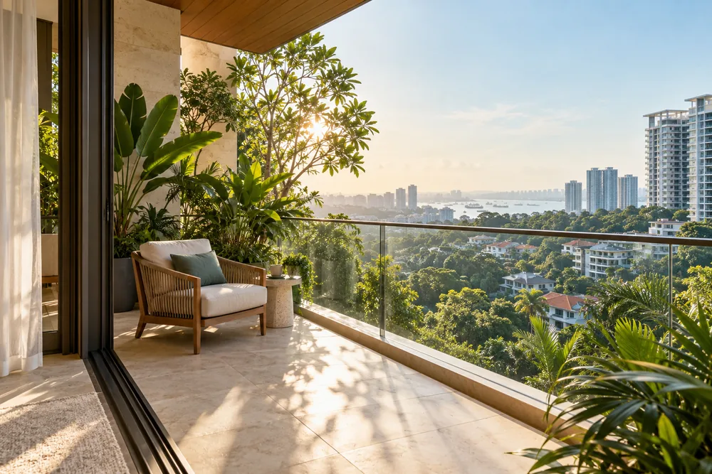 Sunlit balcony looking over leafy Singapore residential surroundings