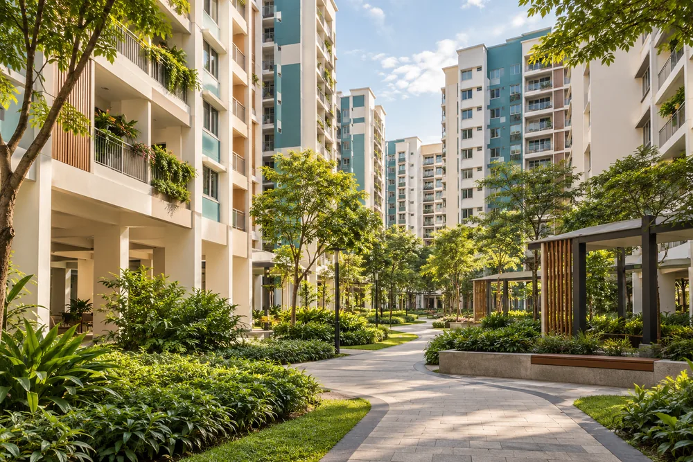 Singapore HDB residential blocks around a landscaped walkway
