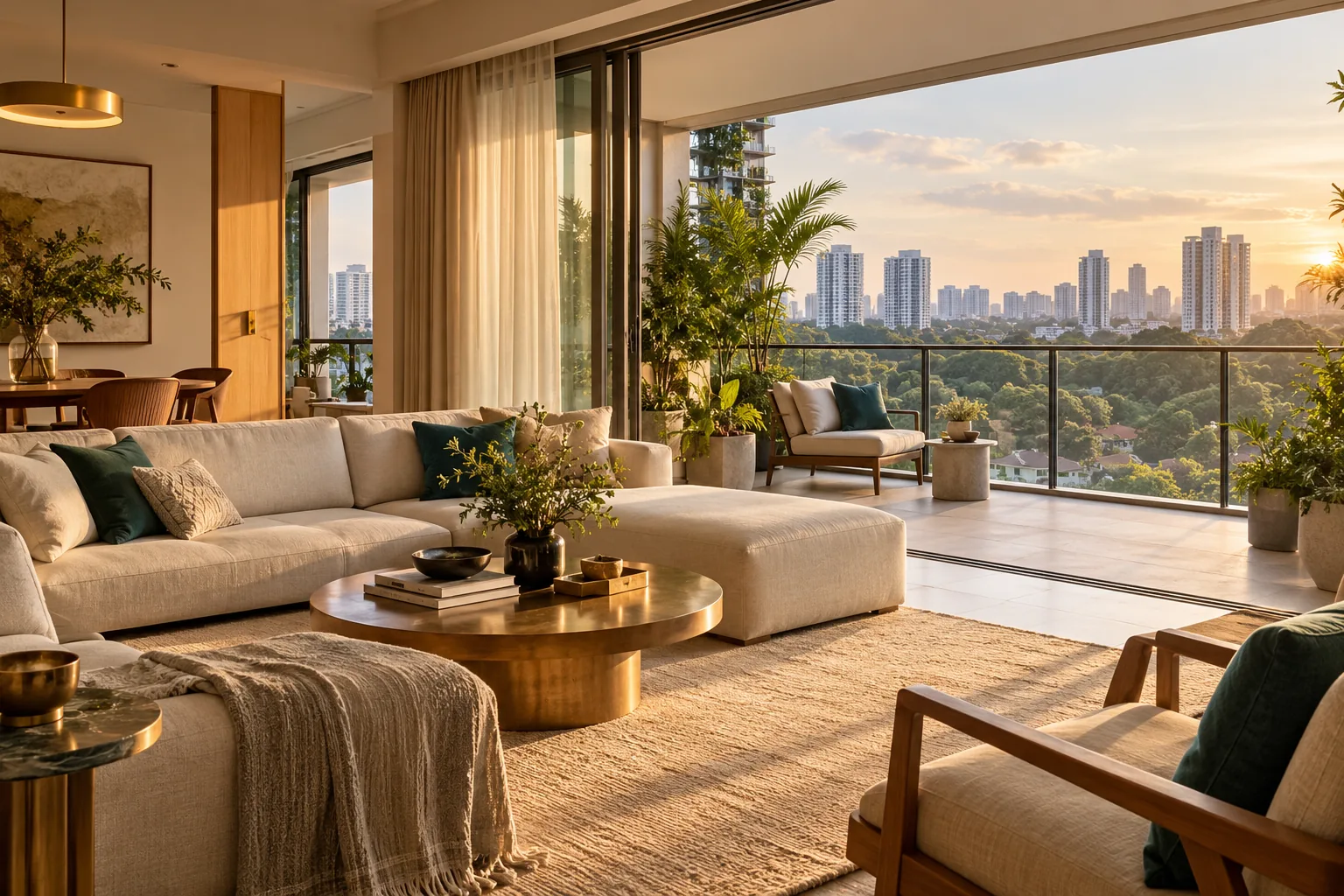 Warm apartment living space opening onto a leafy Singapore residential view