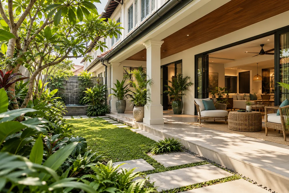 Tropical garden and covered veranda of a Singapore landed home