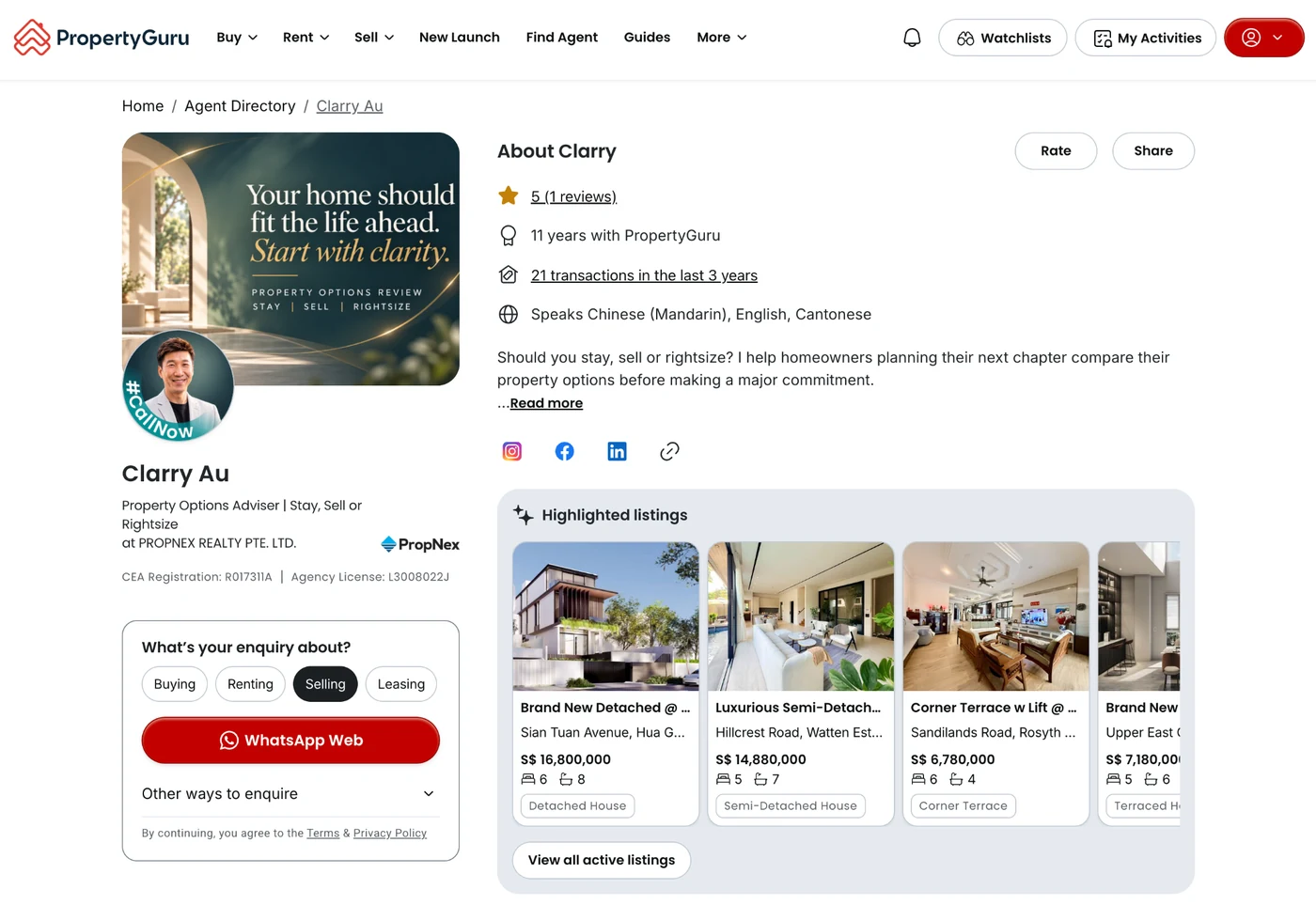 Supplied screenshot of Clarry Au’s PropertyGuru profile