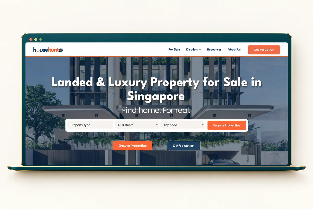 HouseHunt.sg homepage shown in a teal and gold laptop composition