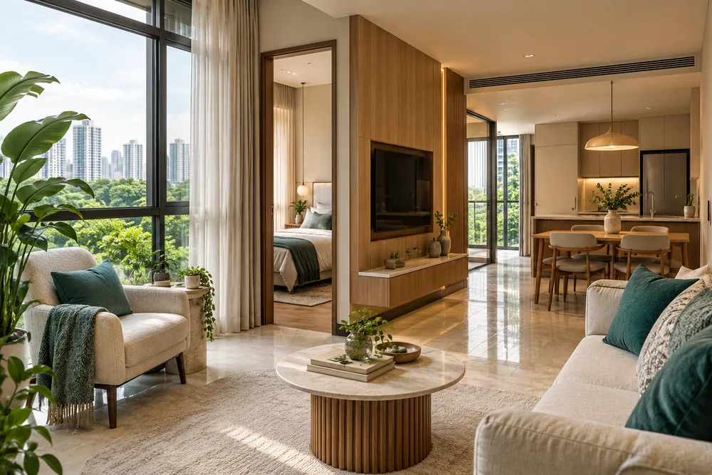 Comfortable reading corner in an uncluttered compact apartment