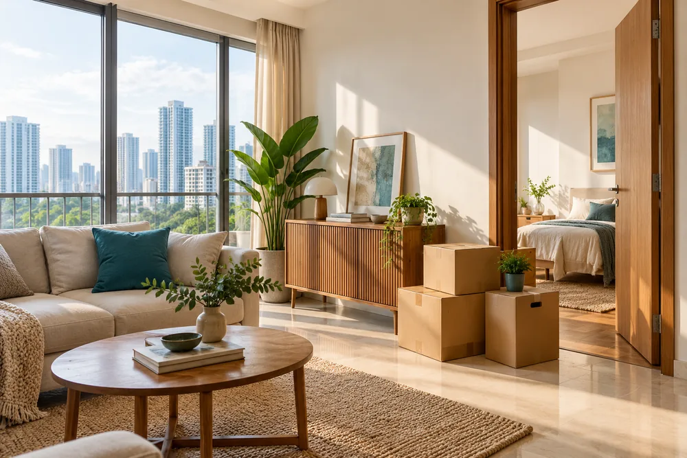 Discreet moving boxes in a bright apartment, ready for a new chapter