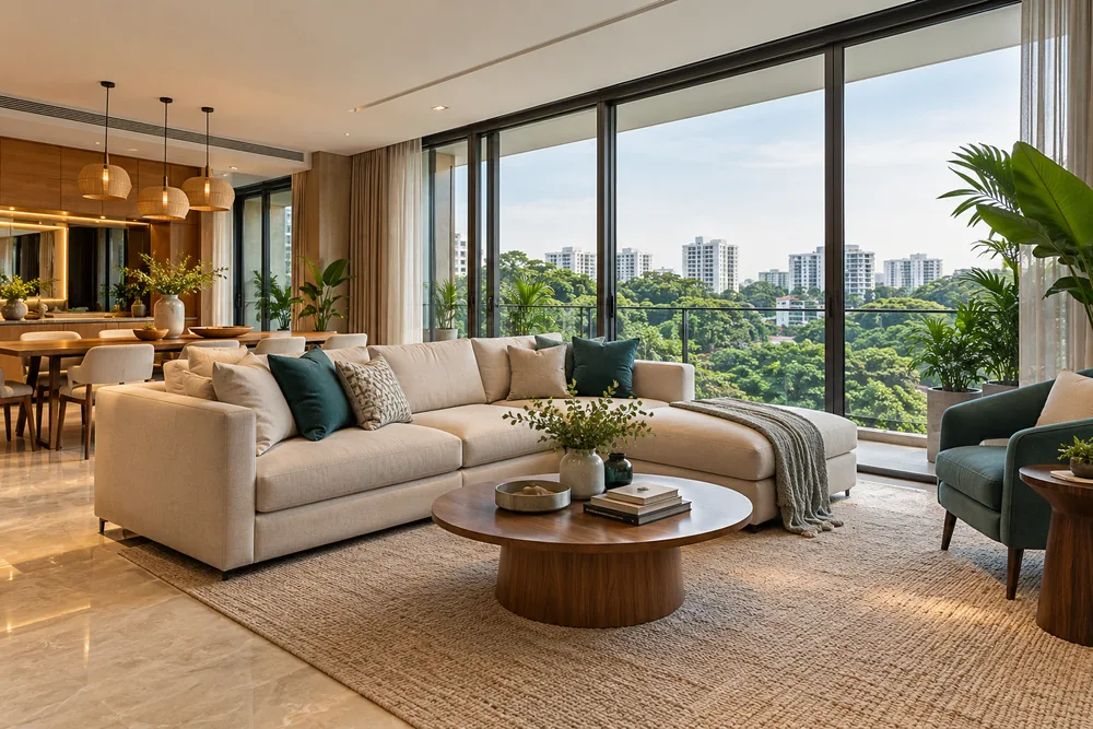 Spacious condominium living room with greenery beyond the windows