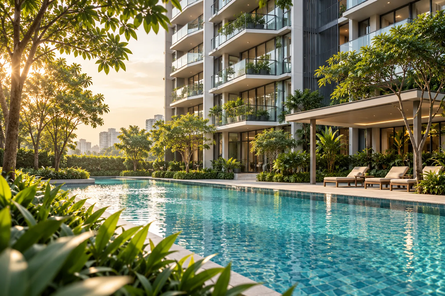 Condominium residences overlooking a landscaped swimming pool