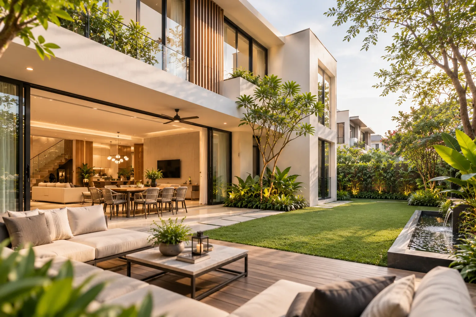 Contemporary landed home with a garden and outdoor living area